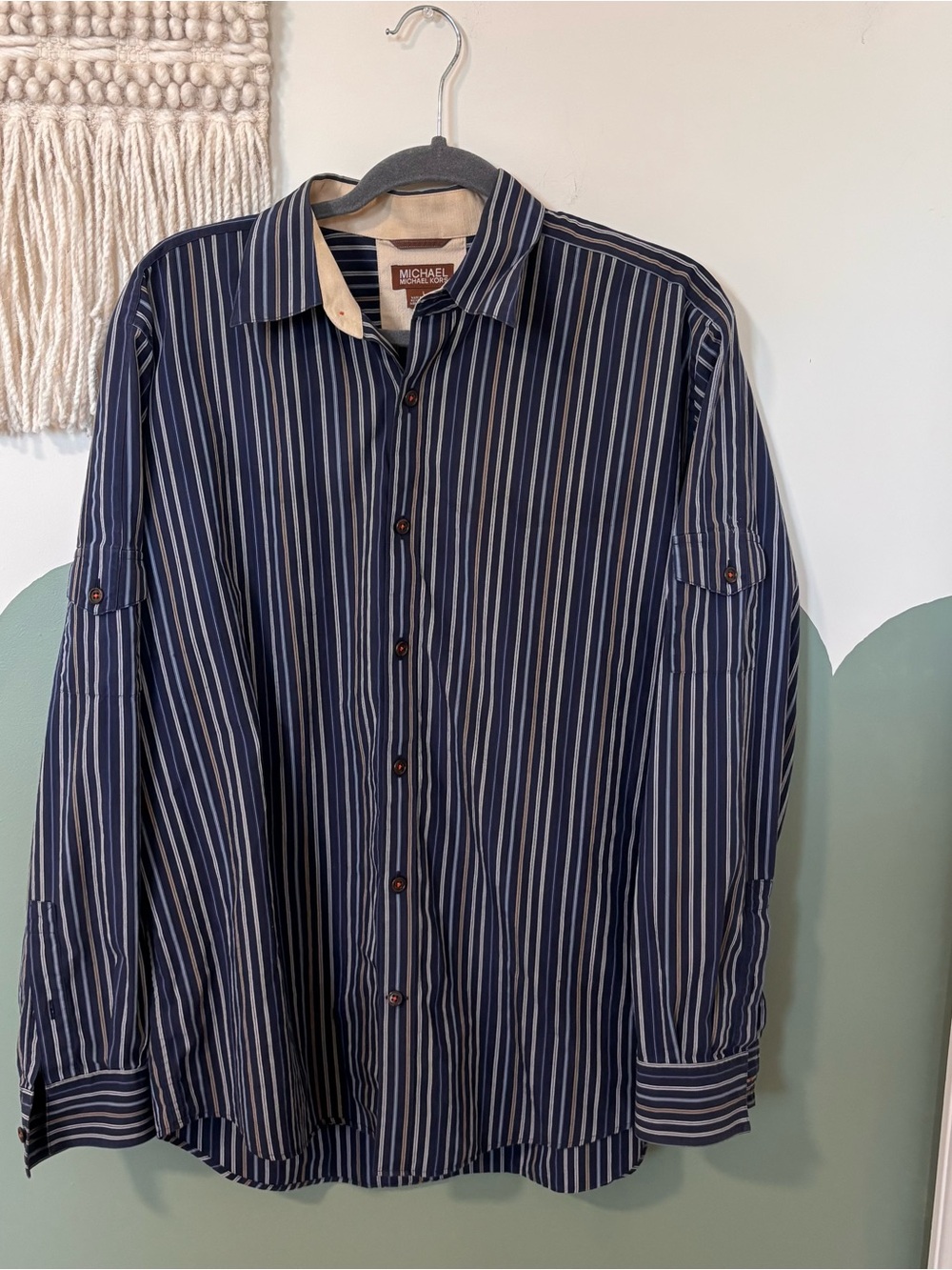 Michael Kors Navy and White Vertical-Stripe Men's Button Shirt